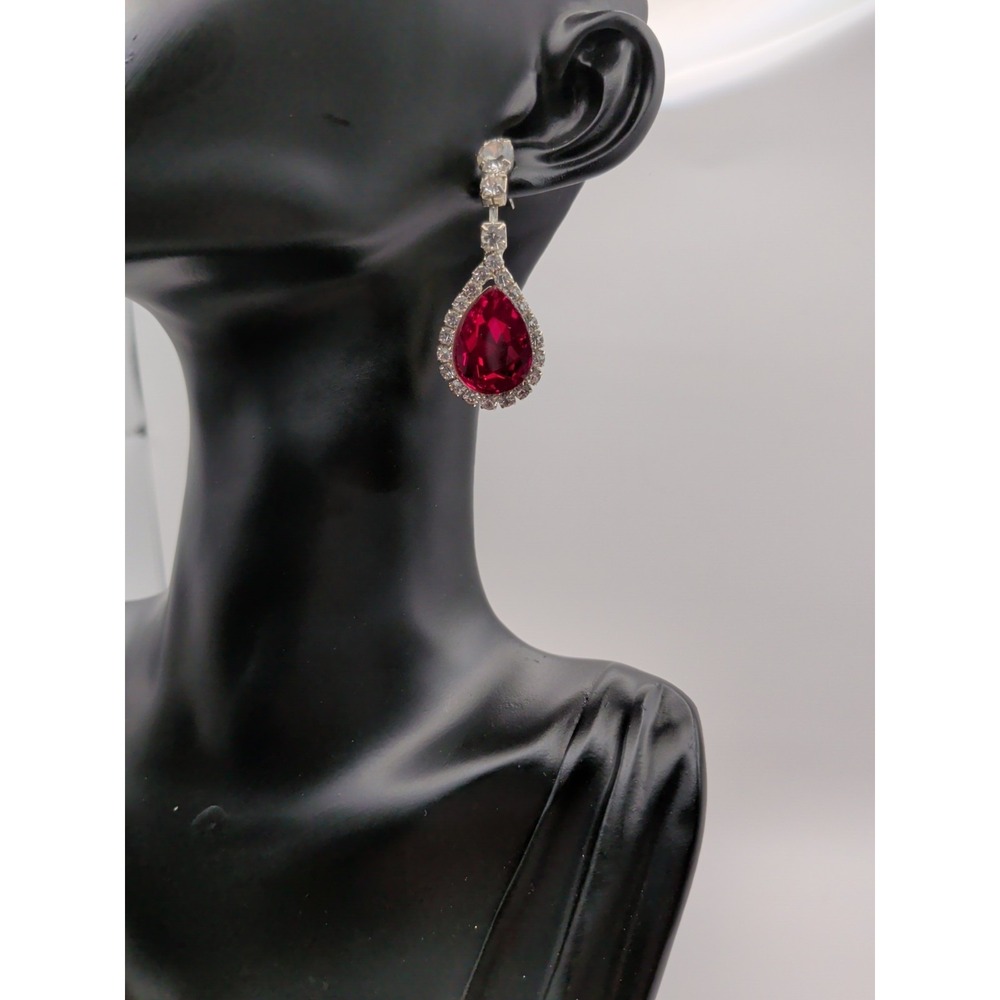 Silver‎ Toned Dangle Earrings With White And Red Crystals